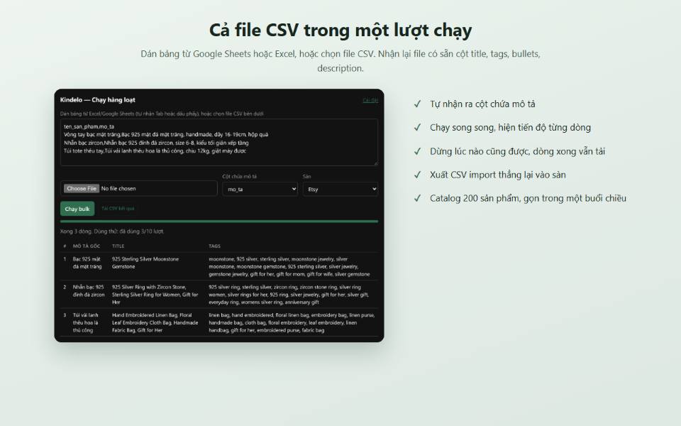 Chế độ chạy hàng loạt của Kindelo: bảng CSV đã dán, ô chọn cột mô tả, thanh tiến độ và bảng kết quả từng dòng.