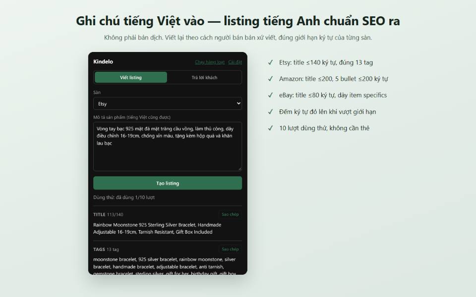 Cửa sổ Kindelo: ô dán mô tả tiếng Việt bên trái, kết quả tiếng Anh gồm title, 13 tag và bullet bên phải, kèm bộ đếm ký tự.