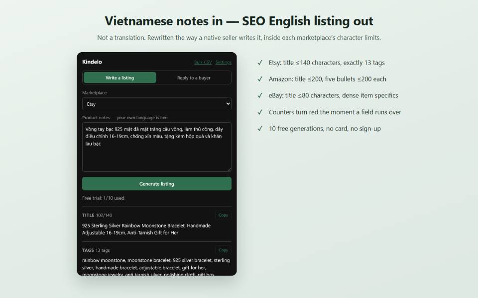 The Kindelo popup with Vietnamese product notes pasted in, and below them the generated English title at 108 of 140 characters and thirteen Etsy tags, each field with its own character counter.
