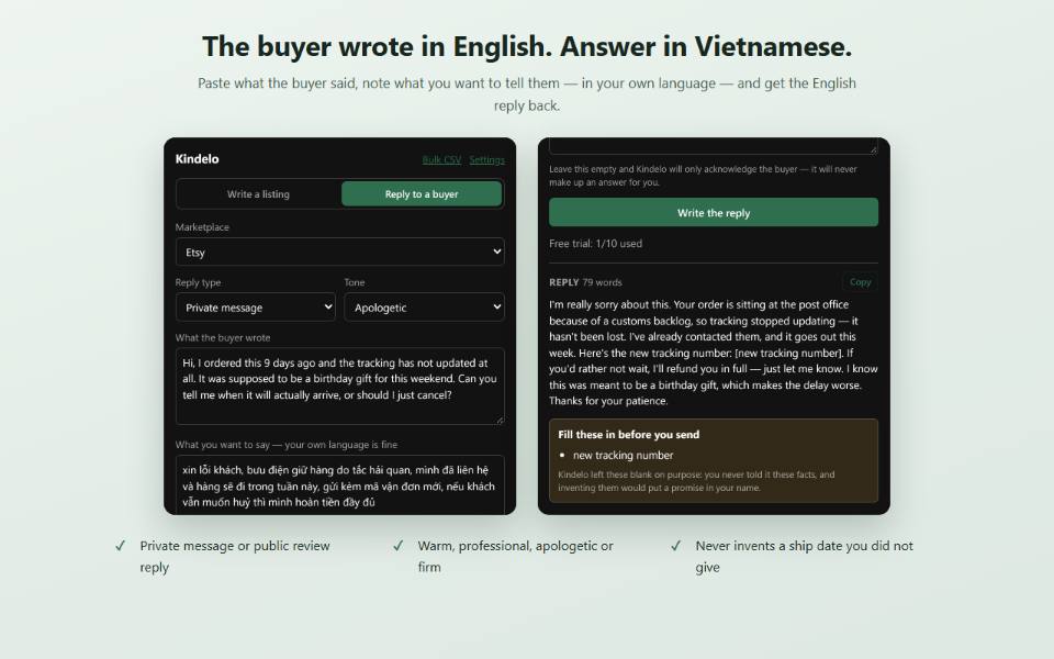 The Kindelo popup on its reply tab: a buyer message about a late parcel pasted at the top, the seller's intent written in Vietnamese below it, and the generated English reply underneath with a highlighted box listing the facts left blank.
